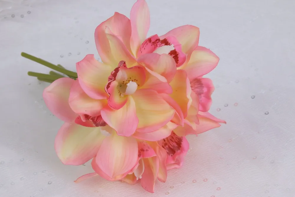 Flone 6 Heads Artificial Cymbidium Flowers Simulation Orchid Bouquet Real Touch Fake Flowers For Wedding Home Party Decoration (9)