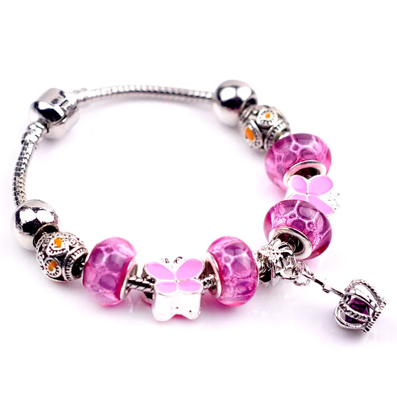 

Christmas Gift Fashion Silver Jewelry Charm pandora Bracelet Pink Crystal Beads Bracelets For Women B058