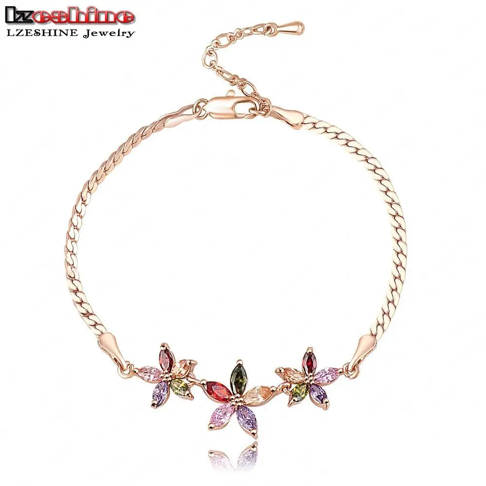 LZESHINE Brand Three Flower Charm Bracelet Gold Color Marquise Cut