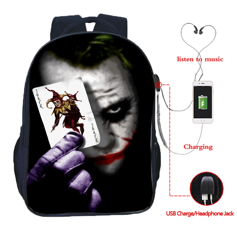 Beautiful Joker USB Charge Bags Men Women Boys Girls Backpack Fashion USB Charging Laptop Rucksack Beautiful knapsack for Teens