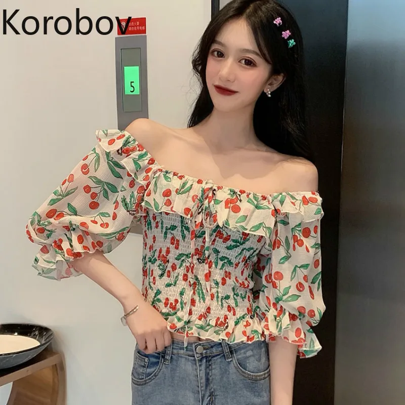 

Korobov Summer New Slash Neck Women Off Shoulder Blouses Elegant Ruffles Lacing Bow Korean Blusas Slim Crop Top Shirts 78321