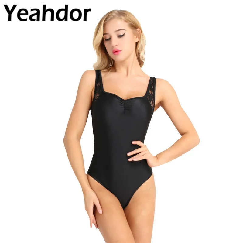 

Women Adult Sleeveless Lace Shoulder Low Back Stretchy Ballet Dance Leotard Tutu Dress Ballet Class Stage Performance Dancewear