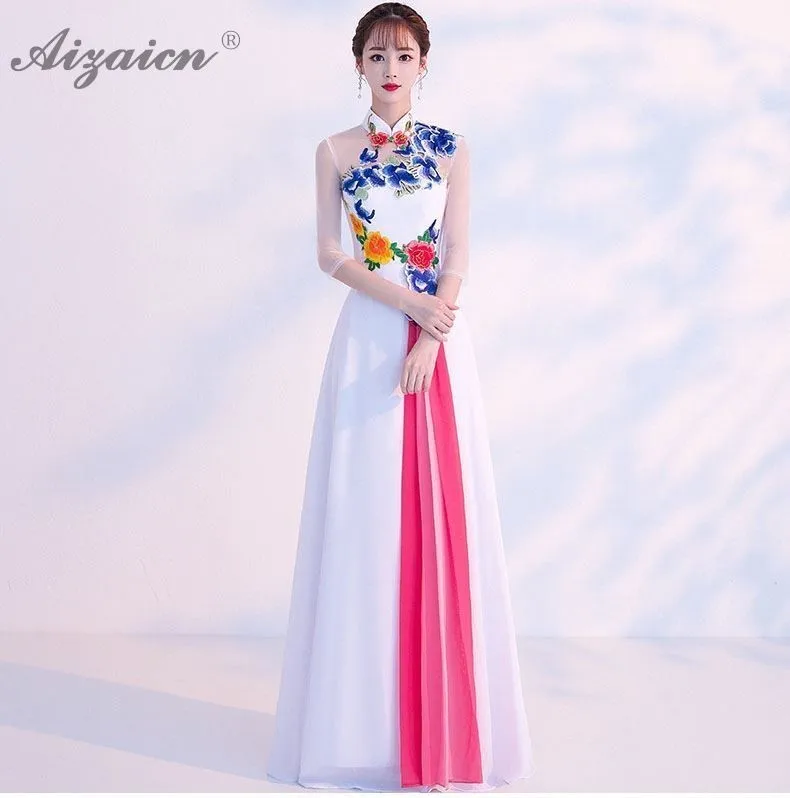 Женское китайское традиционное вечернее платье, современное белое вышитое платье-чанпао в восточном стиле, винтажное платье чонсам, плюс