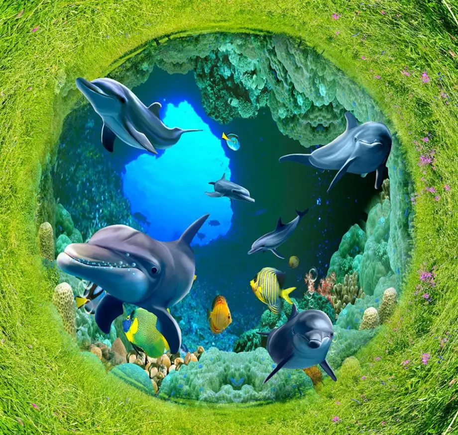 Küche vinyl tapete moderne benutzerdefinierte korallen sea world 3d boden delphin klebstoff küche fliesen 3d foto