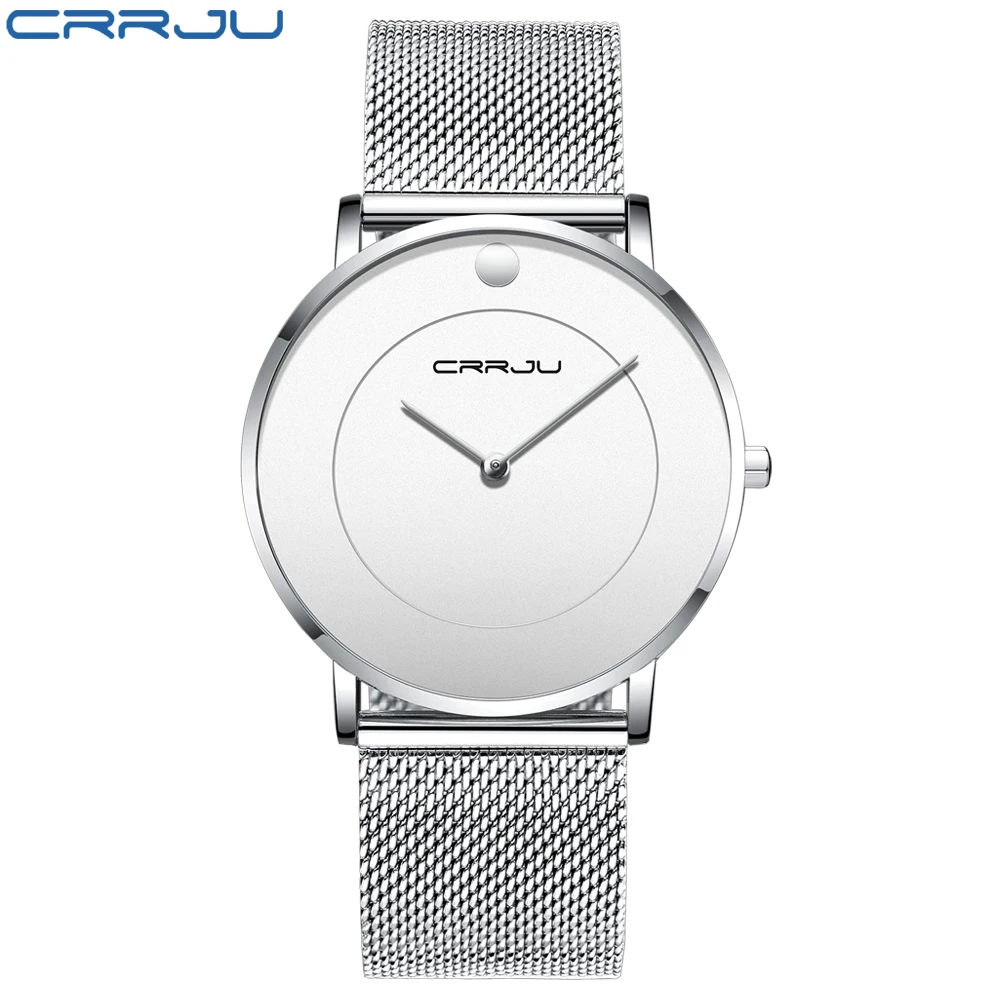 

CRRJU Brand Silver Casual Quartz Watch Fashion Men Simple Metal Mesh Stainless Steel Strap Watches Relogio Clock