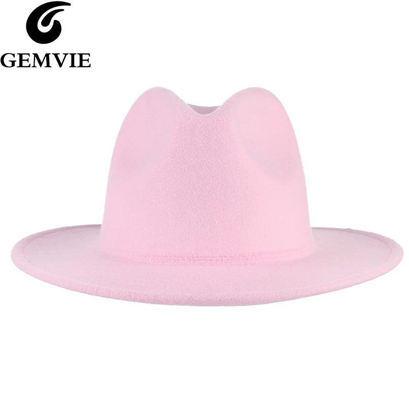 

GEMVIE All-match Pink Fedora Hat For Women Flat Brim Jazz Cap Six Solid Color Soft Felt Hats For Man Autumn Winter Panama Cap