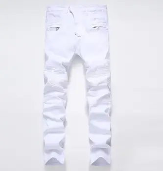 

Men's slim fit classic white biker jeans for moto Casual plus size denim cargo pants Fashion pleated jeans for man size 28-42
