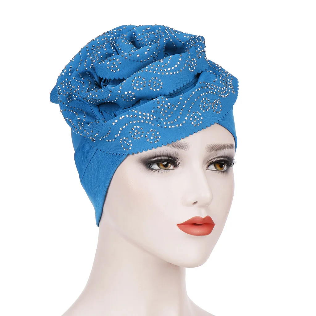 Мусульманская шляпа шапочки шапки Хемо блестящий блеск тюрбан хиджаб бандана; повязка на голову покрытие волос аксессуары для женщин тюрбан элегантный цветок Z7 - Цвет: Blue