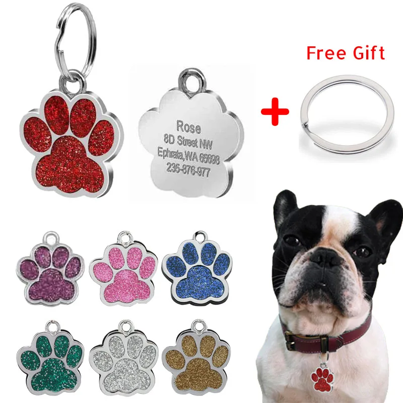 

Cute Paw Cat Name Tag Engraving Dog ID Tag Collar Accessories Customized Claw Pendant Nameplate Pet's Anti-lost Glitter Keyring