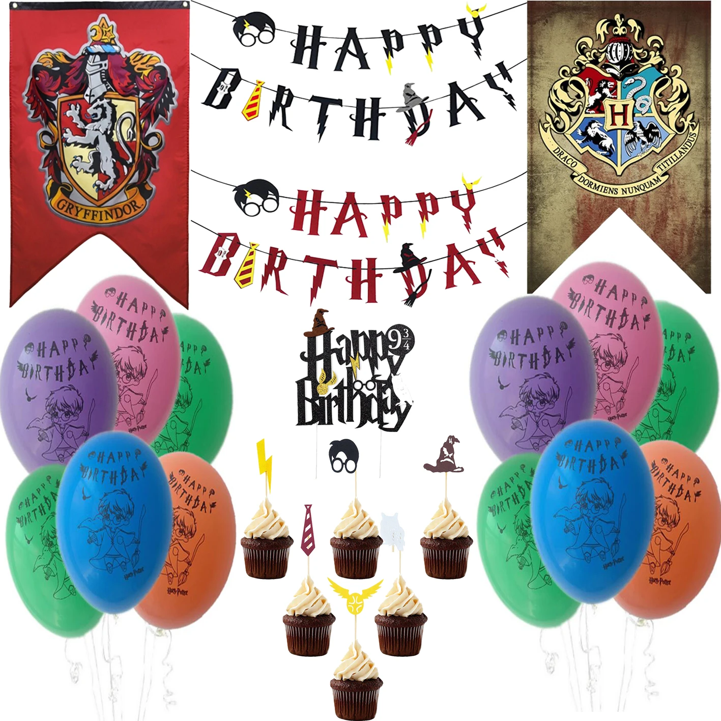 

Harry Birthday Party Supplies College Flag Banners Decoration for Boy and Girl Theme Ideas Tableware Harri Wizard Deco