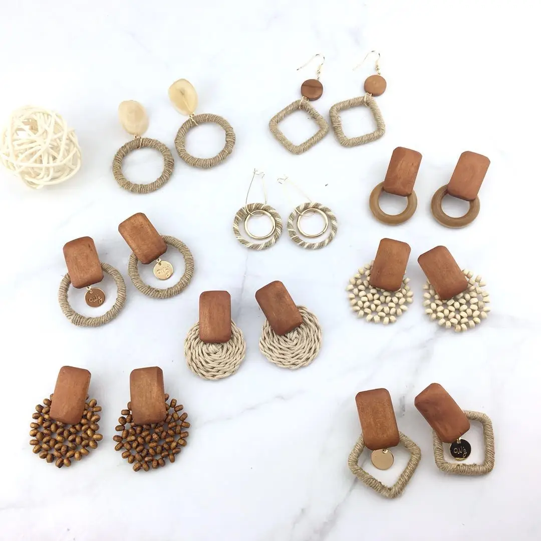 Fashion Multiple Korea Rattan Vine Braid Drop Earrings For Women Geometric Circle Square Handmade Wooden Straw Weave Earrings