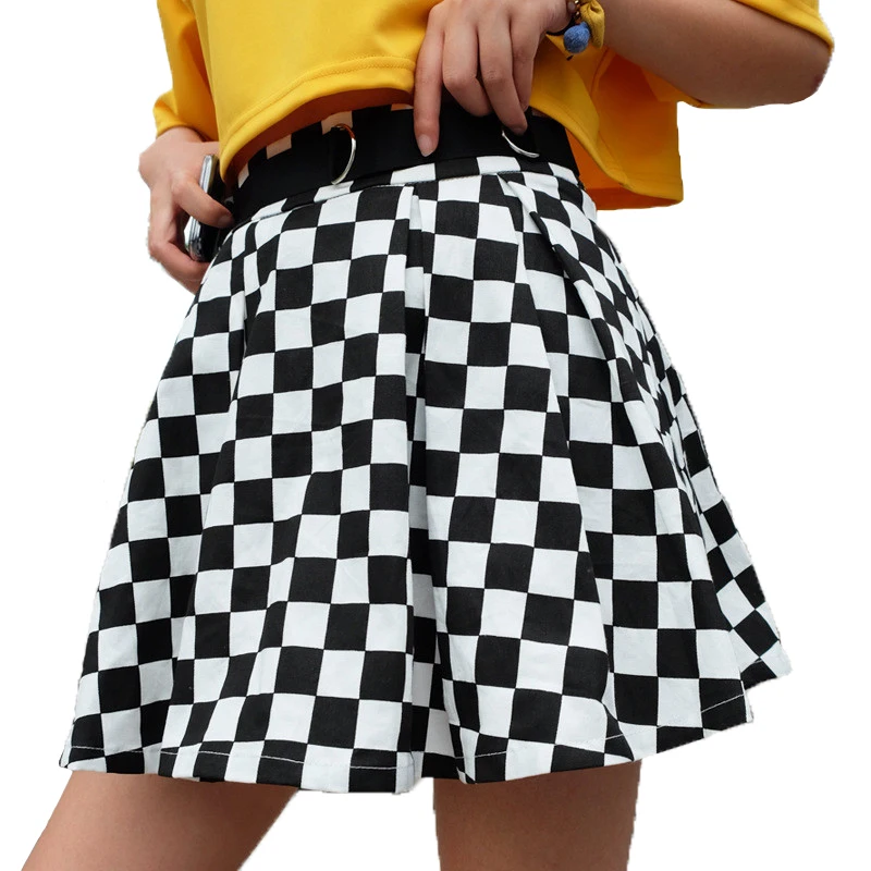 

GRNSHTS Pleated Checkerboard Skirts Womens High Waisted Checkered Skirt Harajuku Dancing Korean Style Sweat Short Mini Skirts