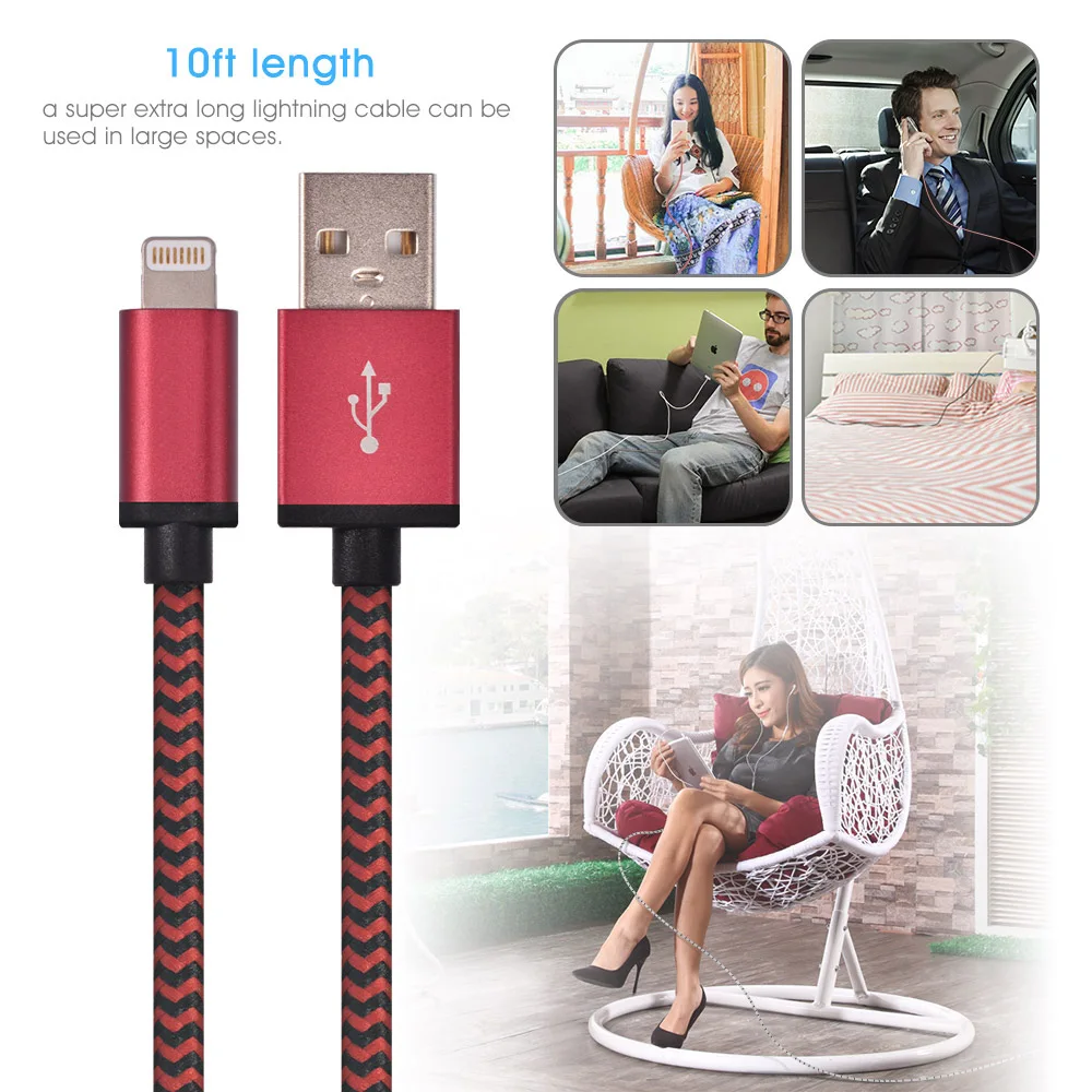 USB كابل مضفر مع الألومنيوم الإسكان 10 قدم/3 M ل فون Xs XS ماكس XR X 8 8 زائد 7 7 زائد باد برو الهواء البسيطة بود