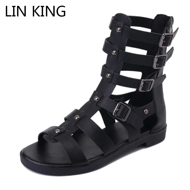 

LIN KING Vintage Zipper Women Sandals Punk Solid Rivets Pierced Gladiator Sandals Rome Buckle Ladies Flats Summer Party Shoes