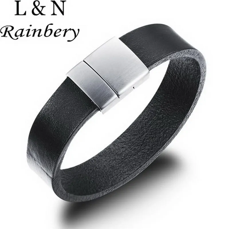 Rainbery Trendy Brand Men Titanium steel Leather Genuine Wristband Cuff Bracelet Bangles Steampunk Style Charm Leather Bracelet