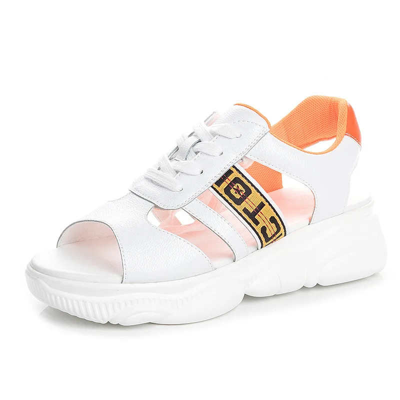 

Genuine Leather Women Sandals Flat Platform White Casual Sneaker Sandal Cow Thick Bottom Lace Up Female Shoes