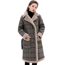 Винтажное клетчатое двубортное шерстяное пальто для женщин, длинное кашемировое пальто, зимнее плотное теплое тонкое шерстяное пальто, модная верхняя одежда