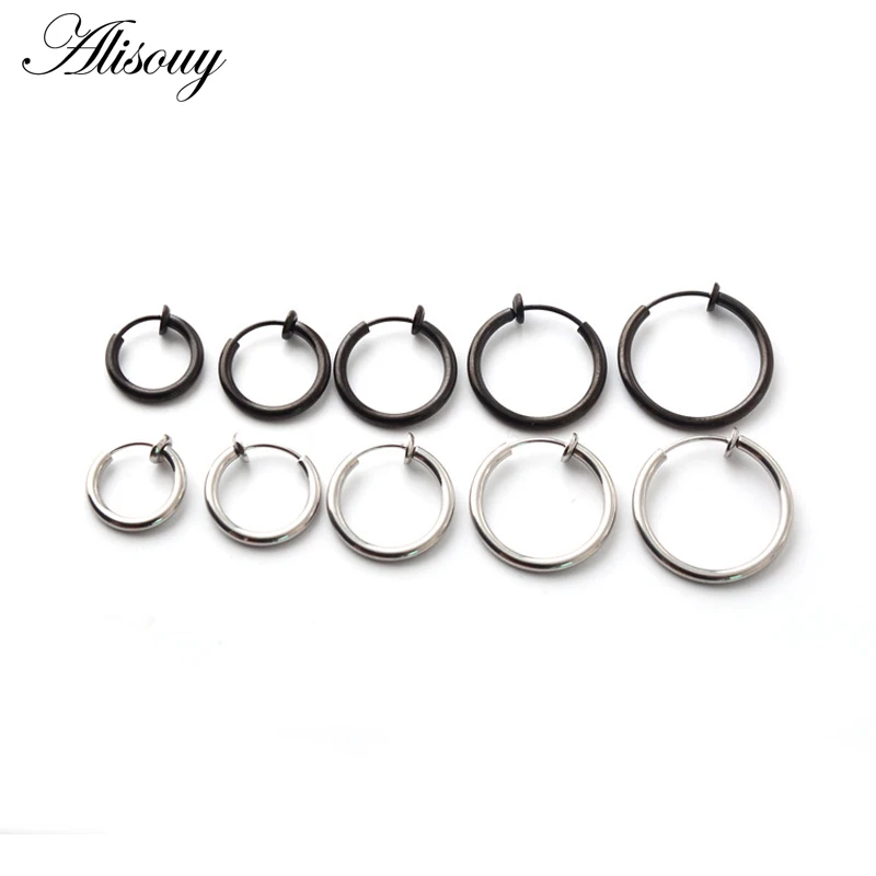 Alisouy, 2 шт., медицинские титановые серебристые и черные кольца-кольца, ювелирные изделия на клипсах для ушей, поддельные пирсинг для тела, женские и мужские серьги-кольца, 10-18 мм