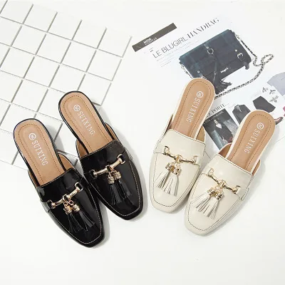 

Springle Summer Women Slippers Fashion Square Low Heel Mules Slip On Slides Classics Female Outside Slippers Sets Tassel