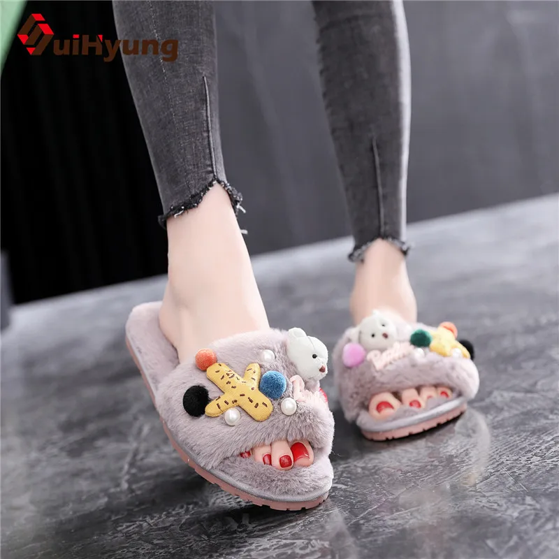 

Suihyung Furry Flock Home Slippers Women Winter Warm Indoor Shoes Fake Fur House Flip Flops Bear Decoration Soft Plush Slippers