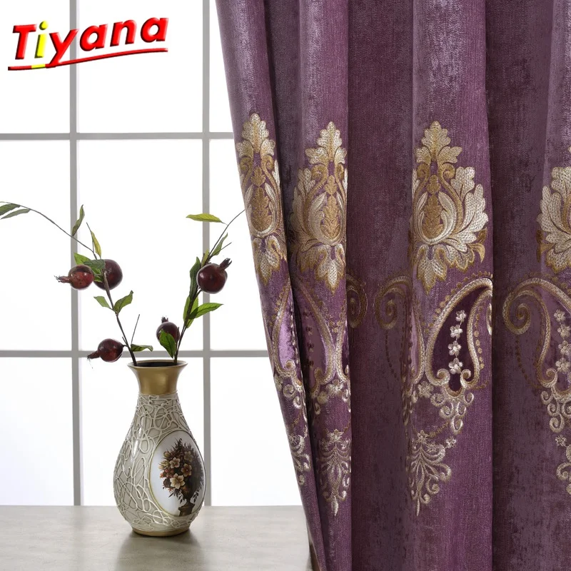 

Luxury Curtains Tulle For Living Room European Chenille Embroidery Velvet Curtains Tulle Purple Bedroom Decorate Panel P019*30