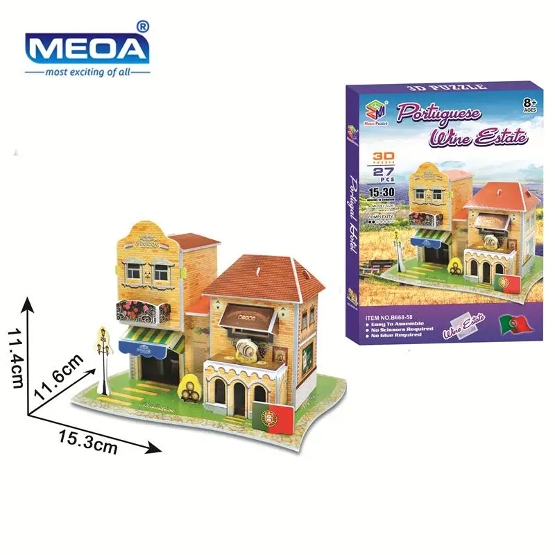 

Cardboard 3D Puzzle Toy 27Pcs Portugal Hotel Model European Architecture Assembly Kits Educational Toy For Christmas Gift