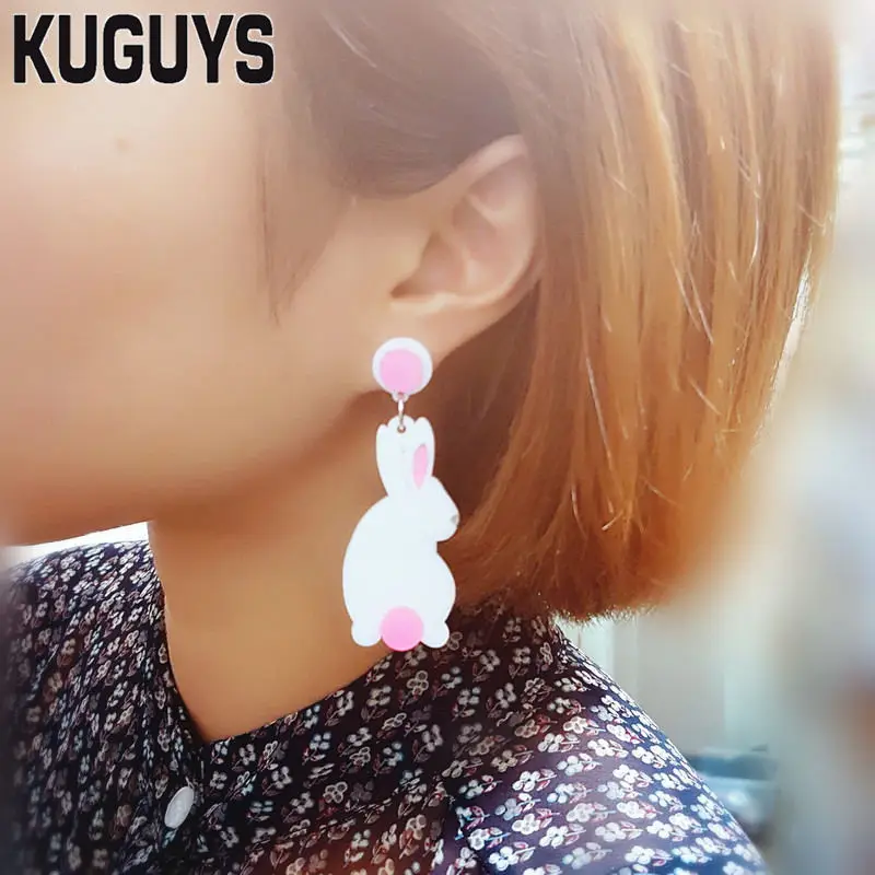 

KUGUYS Acrylic Jewelry Custom Womens Cute Animal Dangle Earrings for Women Pendientes Small White Rabbit Drop Earring Brincos