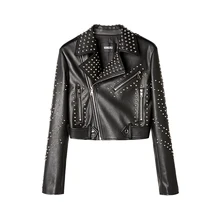 Новое поступление модное ретро дизайн рок/панк стиль женские ручной работы из металла заклёпки pu кожаная куртка, A216