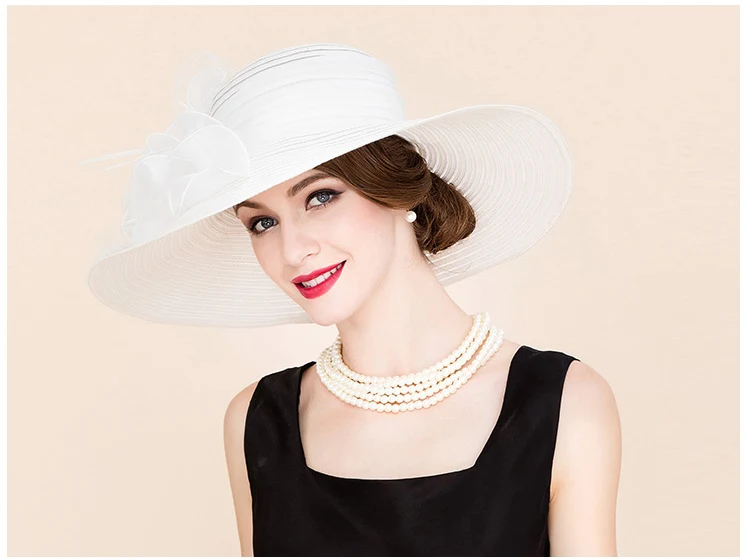 Black White Elegant Women Church Hats For Ladies Summer Flowers Large Brim Organza Hat Beach Sun Kentucky Derby Hat Fedora