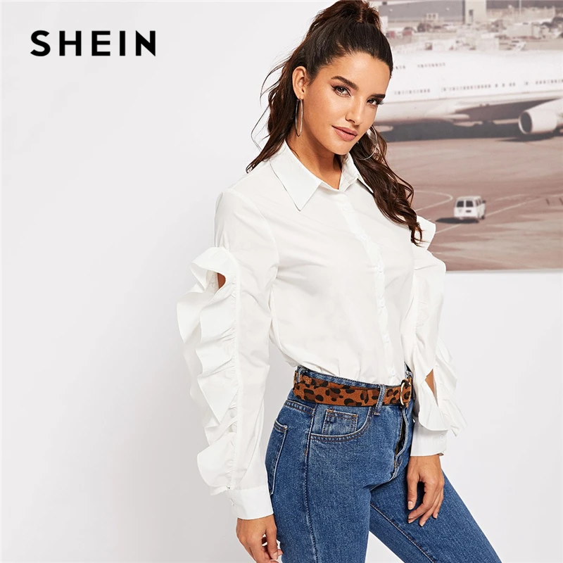 

SHEIN White Office Lady Solid Ruffle Trim Button Up Open Sleeve Elegant Shirt Blouse Autumn Workwear Women Tops And Blouses