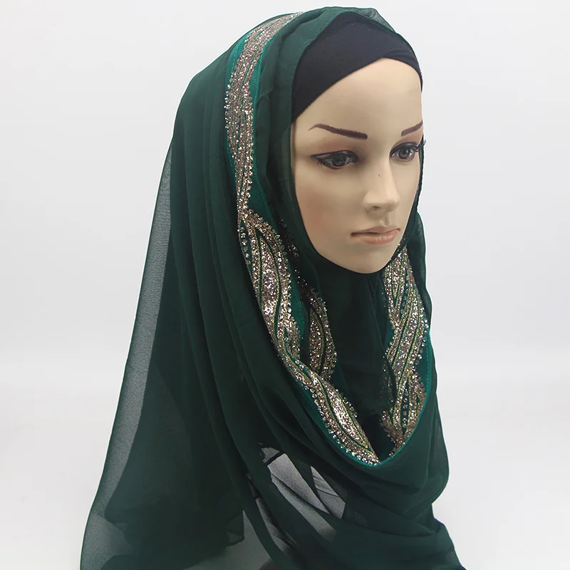 1 шт. женский сплошной цвет блестящий шифон Шелковый Популярные шали глушитель повязка для головы хиджаб летние мусульманские шарфы/шарф - Цвет: Зеленый