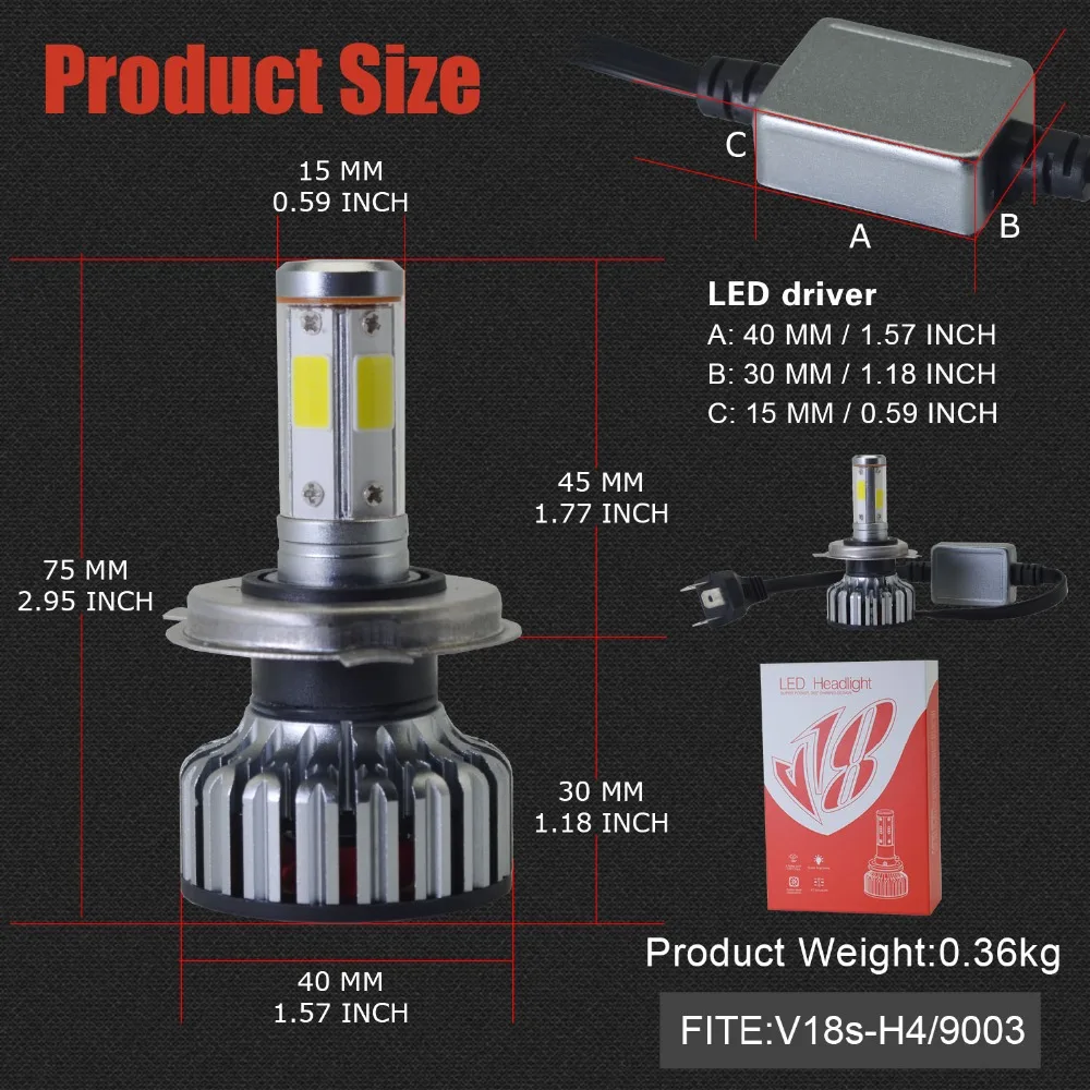 

LOAUT Uniqe 4 Side H4 LED Headlight 3000K 6000K 8000K 3 Color Temperature V18S 8000LM 80W Auto Headlamp CSP Fog Light Bulb