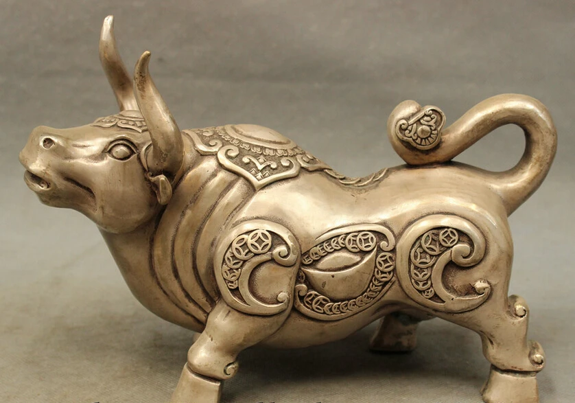 

9 "фэншуй Китайский серебряный Зодиак богатство юанбао RuYi бык статуя бык скульптура украшение 100% настоящая латунь бронза