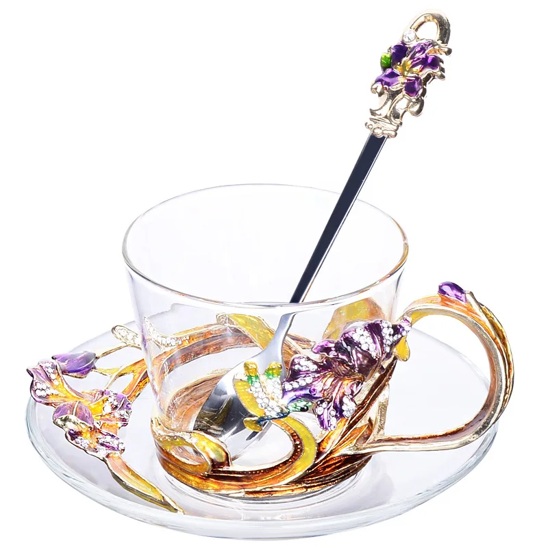 الملونة المينا القهوة أكواب الزجاج الشاي الحليب أكواب مع طبق ملعقة الأوروبية coffeeware