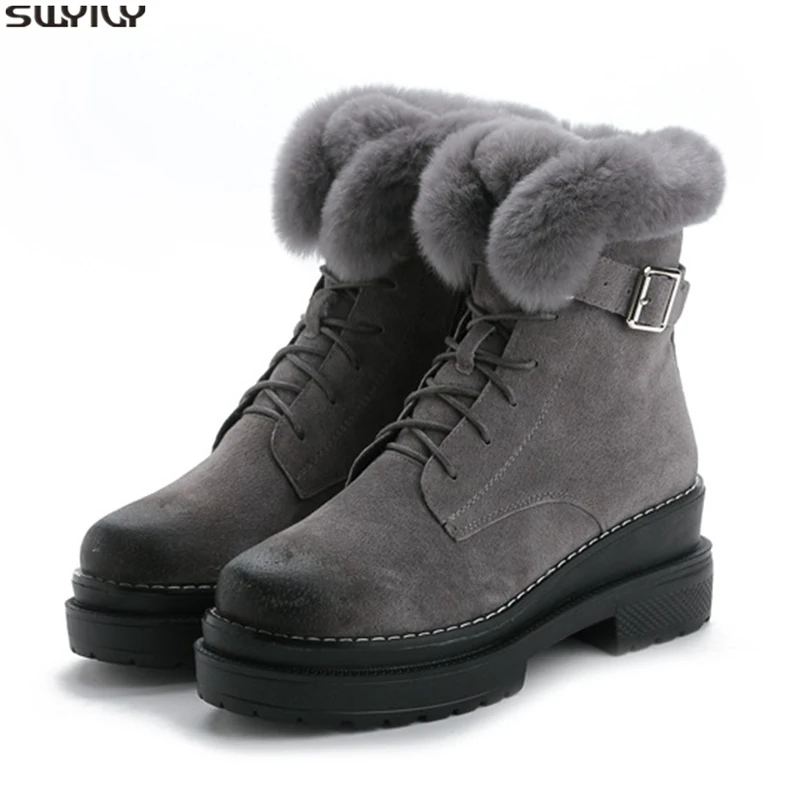 

SWYIVY Ankle Boots Genuine Leather Winter Sneakers Shoes Women 2019 Warm Winter New Plush Fur Rabbit Fur Snow Boots Shoes Female