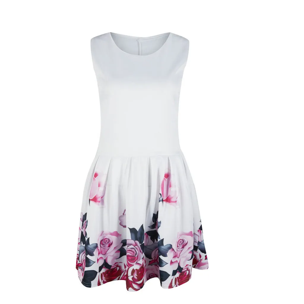 Feitong Vestido, женское летнее модное мини-платье с цветочным принтом, женское сексуальное платье трапециевидной формы с круглым вырезом и розой, Vestidos Verano, новинка