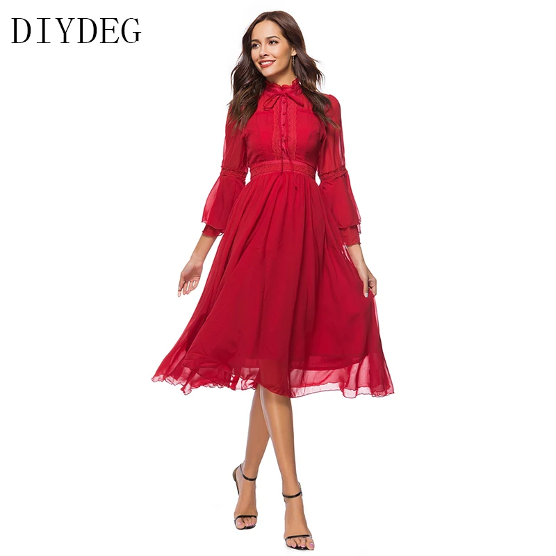 

DIYDEG Autumn Bow Tie Neck Layered Flare Sleeve Vintage Dress 2018 Red Fashion Stand Collar Chiffon Elegant Party Dress