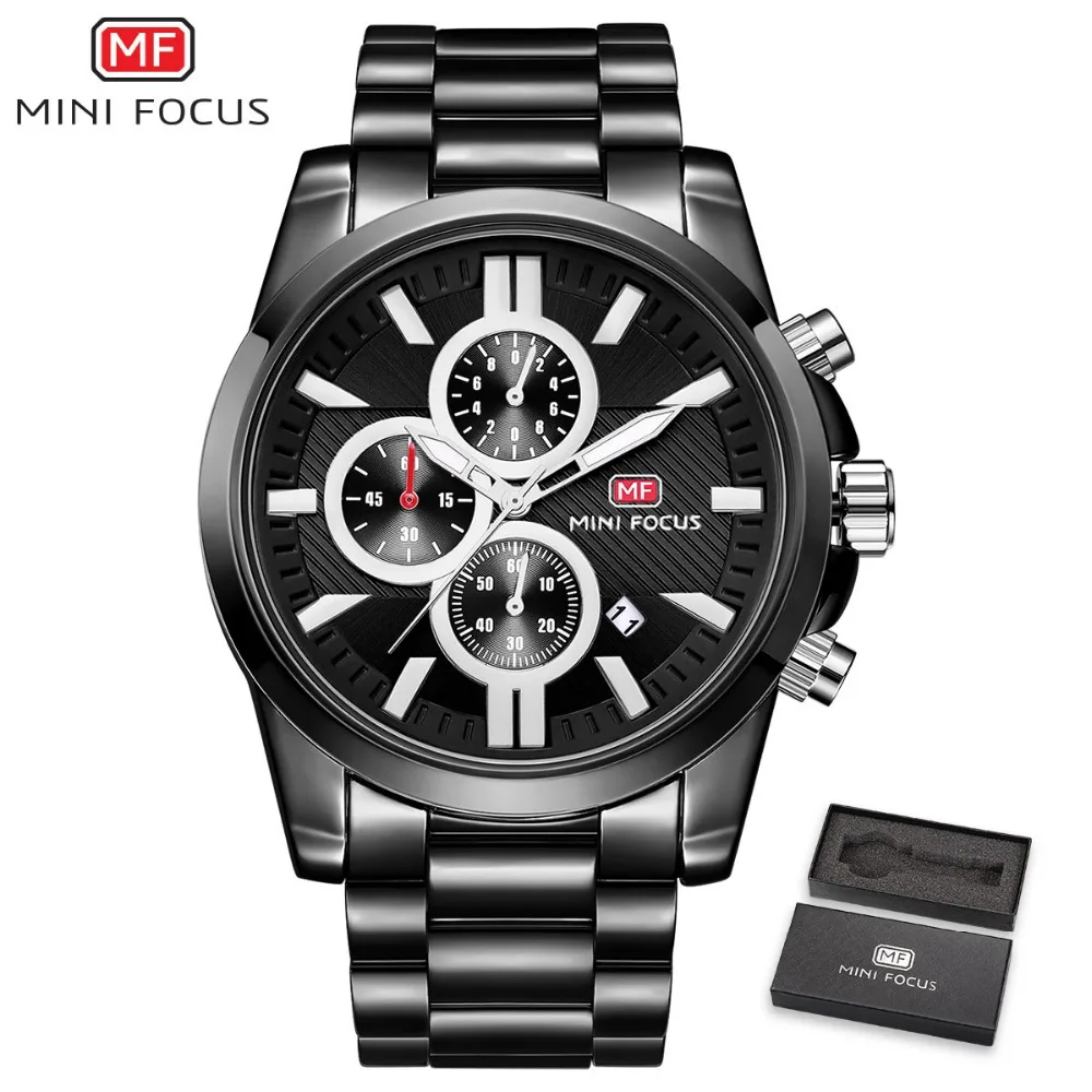 

MINIFOCUS 2018 Dress Watch Men Quartz Clock Stainless Steel Strap 3 Sub-dials 6 Hands Calendar Man Wrist Watches Top Luxury +Box