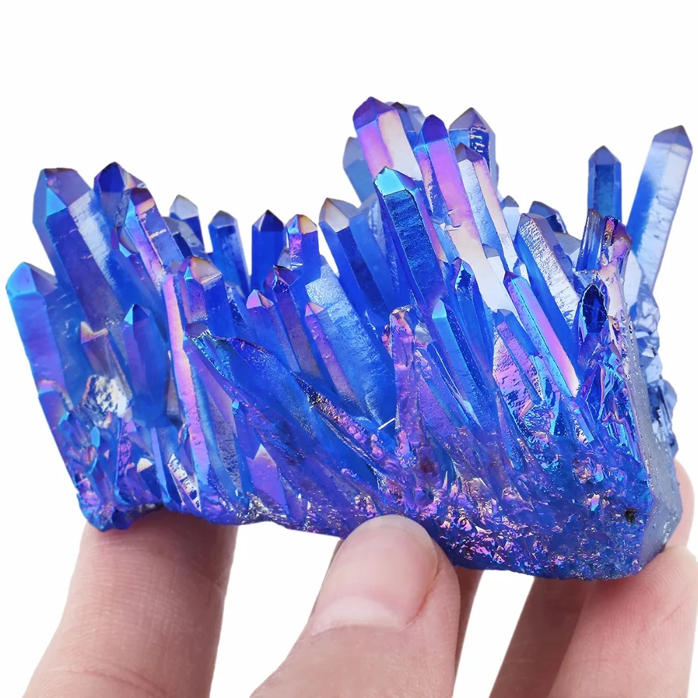 TUMBEELLUWA Blue Angel Aura Titanium Coated Natural Crystal Cluster Stone Specimen Figurine