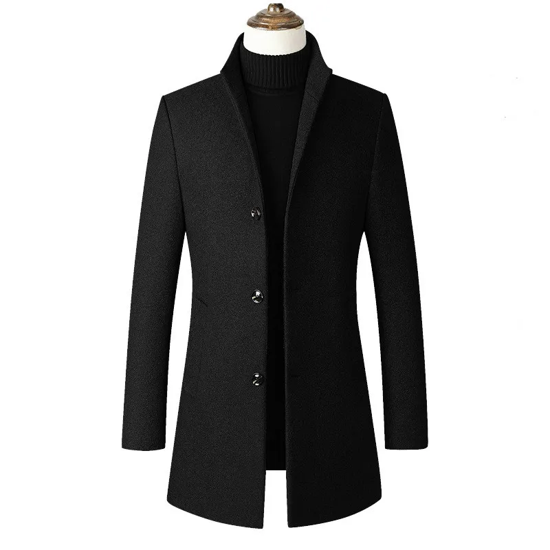 Осенняя мужская ветровка, приталенное длинное пальто, мужской Тренч размера плюс, модное пальто 3xl 4xl, стоячий воротник, повседневное мужское шерстяное пальто - Цвет: Черный