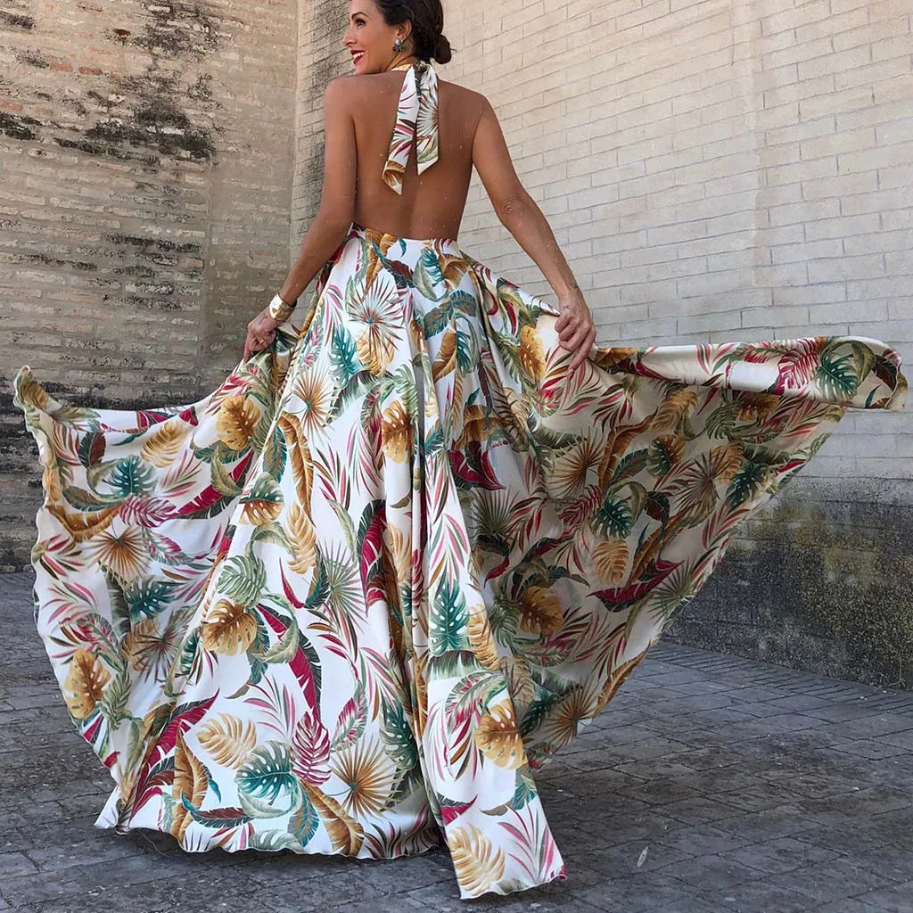 

feitong 2019 Latest Product!! Women Sling Cross Summer Halte Holiday Elegant Evening Beach Slim Hollow Print Dress Vestidos #@Q