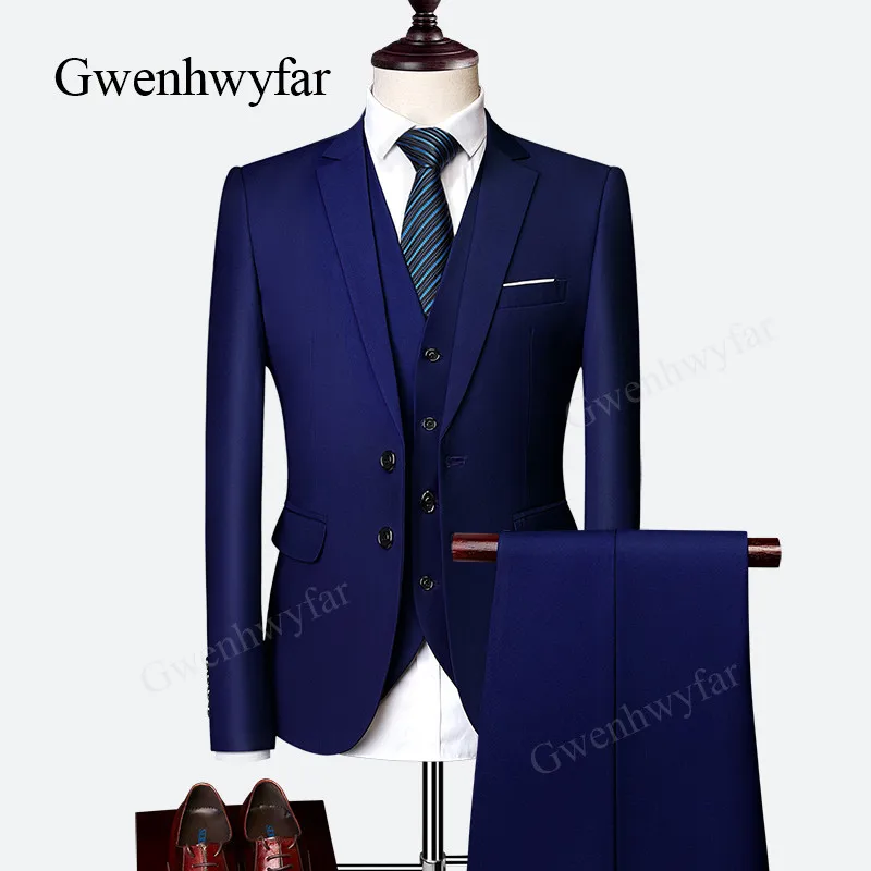

Gwenhwyfar (Jacket+Vest+Pants) 2018 Casual Men Slim Fit Suit Royal Blue Party Tuxedo Groom Blazer Wedding Suit Terno Masculino