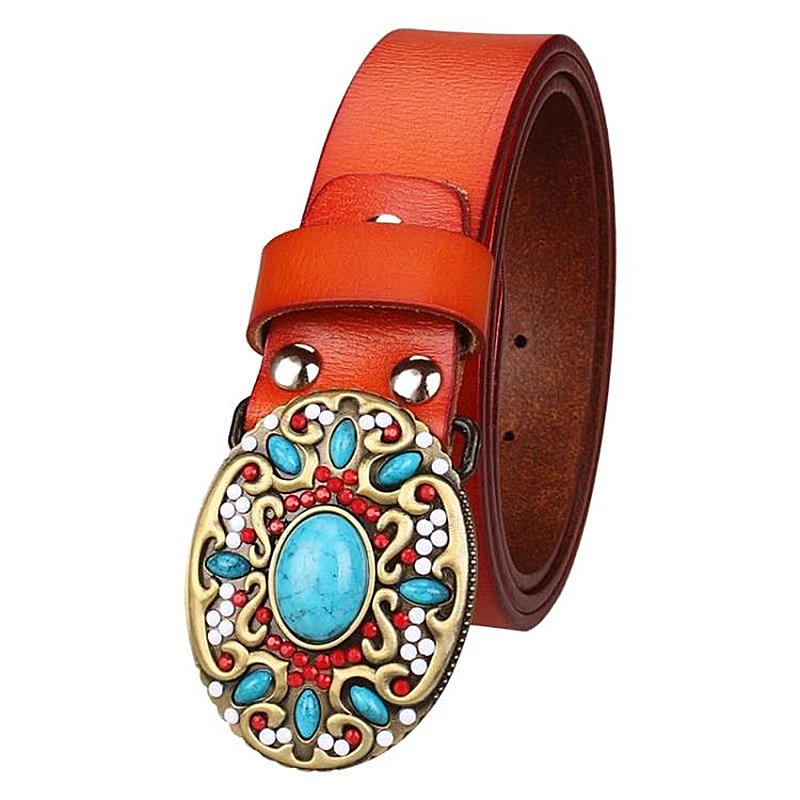 Buy Women belt Genuine leather belt cowskin gem turquoise pattern arabesque
