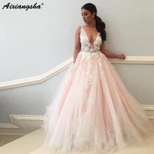 Романтическое сказочное свадебное платье принцессы вышитое бисером цветочное Тюлевое бальное платье с v-образным вырезом розовое свадебное платье