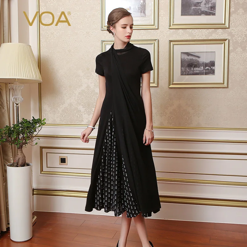 VOA Zware Zijden Gebreide Plus Size Solid Black Korte Vrouwen Maxi Lange Jurk Dot Korte Mouw Hoge Hals Casual Slim jurk Lente A7651 VOA Zware Zijden Gebreide Plus Size Solid Black Korte Vrouwen Maxi Lange Jurk Dot Korte Mouw Hoge Hals Casual Slim jurk Lente A7651