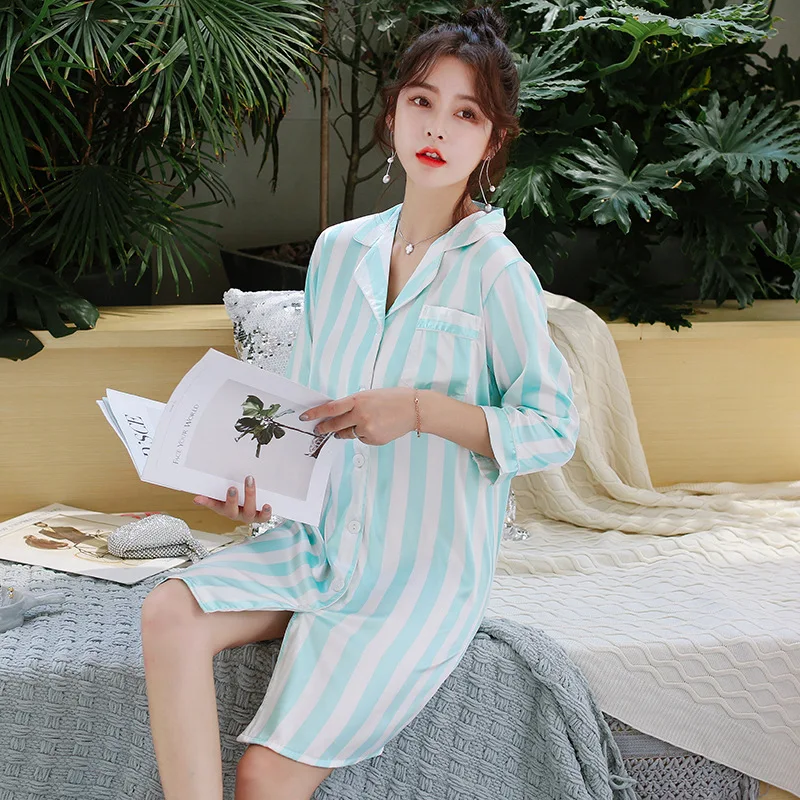 Spring Summer Women's Stripes Print Nightshirt Satin Sleepwear Female V-neck Silk Thin Nightgowns Casual Brief Nightdress - Цвет: shuilan