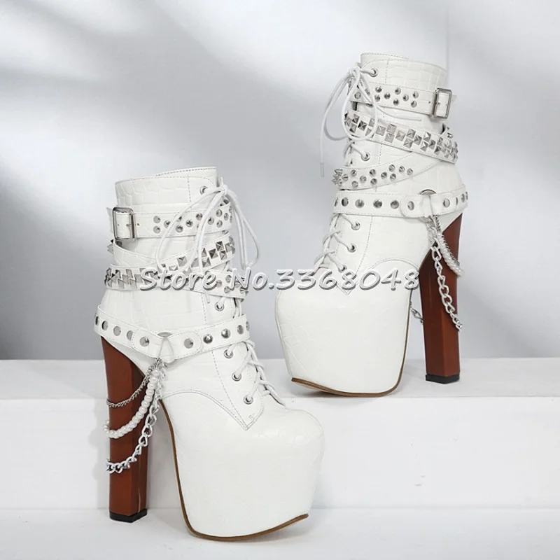 

2018 New Fashion Ultra 16 CM High Heels Platform Autumn Winter Woman Boots Luxury Beading Chained Chunky Heels Ankle Boots