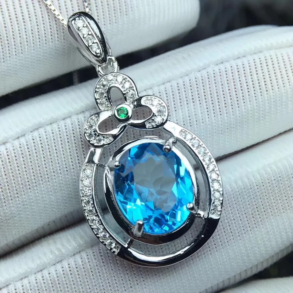 Grace trèfle rond naturel bleu topaze gemme pendentif naturel pierre gemme pendentif collier S925 a