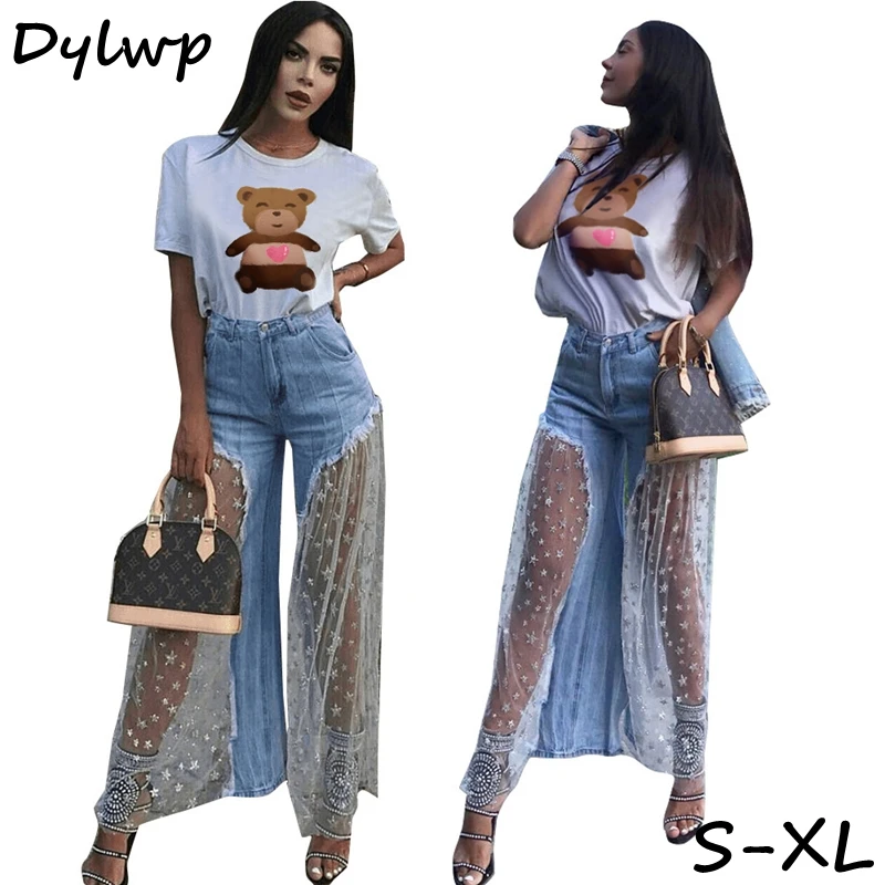 

Women Sequin Star Lace Mesh Jeans 2019 Summer Casual High Waist Sexy Sheer Mesh Loose Jeans Female Wide Leg Denim Party Pants
