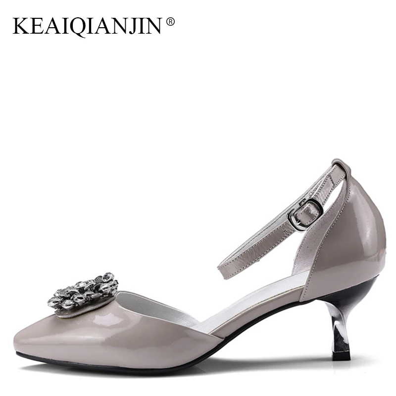 

KEAIQIANJIN Woman Genuine Leather Crystal Sandal Fashion Black High Heels Shoes Sexy Plus Size 33 43 Summer Gladiator Sandals